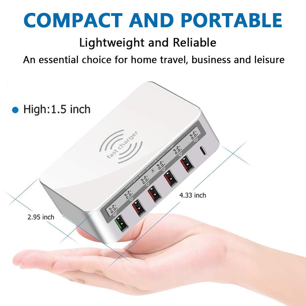 Caricatore Wireless Stazione Ricarica USB Multipla 100W 6 Porte Base di Ricarica LCD Schermo USB Docking Station con Una QC 3.0 e Un 18W PD Caricatore USB per iPhone IPad Samsung Huawei,Nero