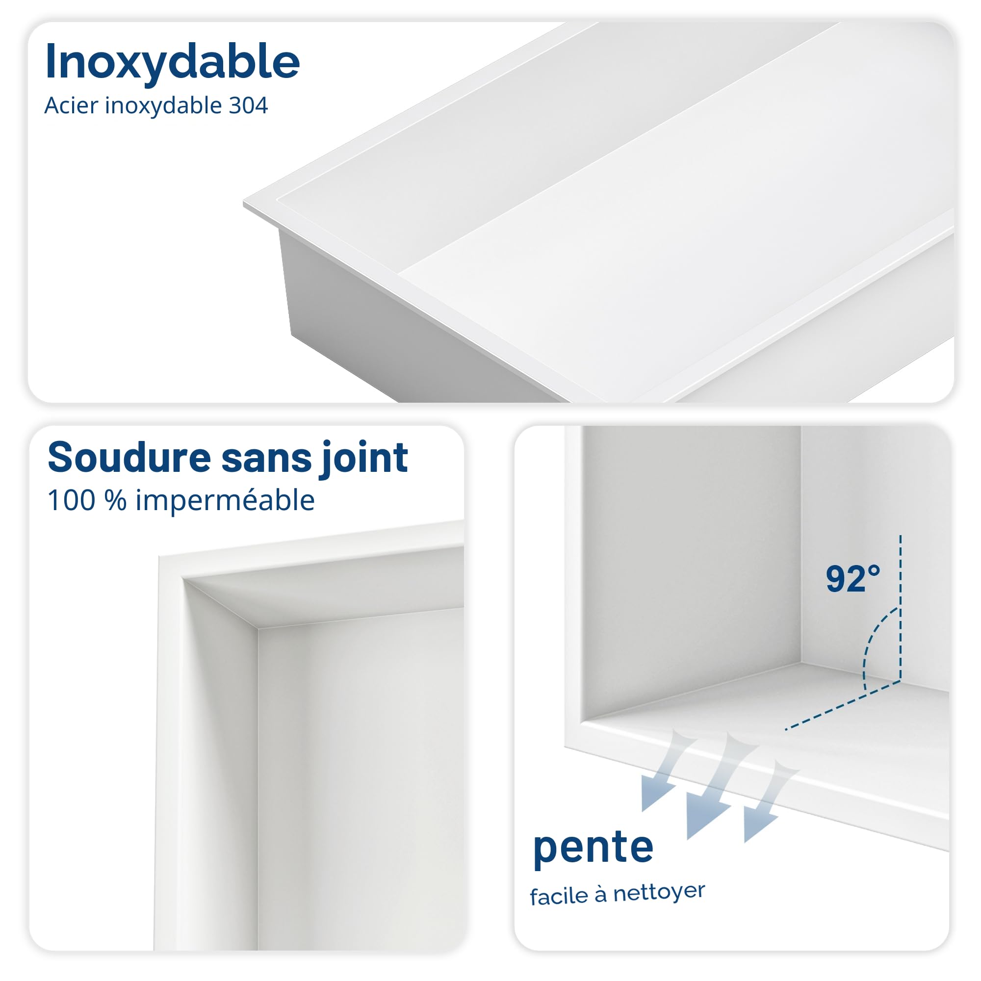 Niche de douche murale en acier inoxydable avec lumière LED, niche de douche encastrée blanche, étagère de rangement simple pour salle de bain, 30x30 cm