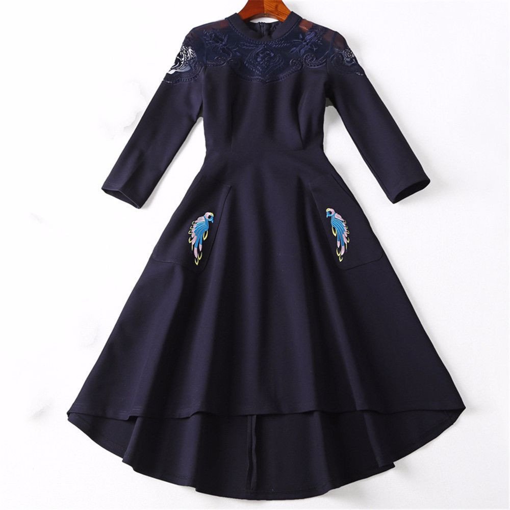 Long sleeve dress, autumn and winter, Chinese nationality wind, women's neck, long sleeve, big swing dress,dark blue,L