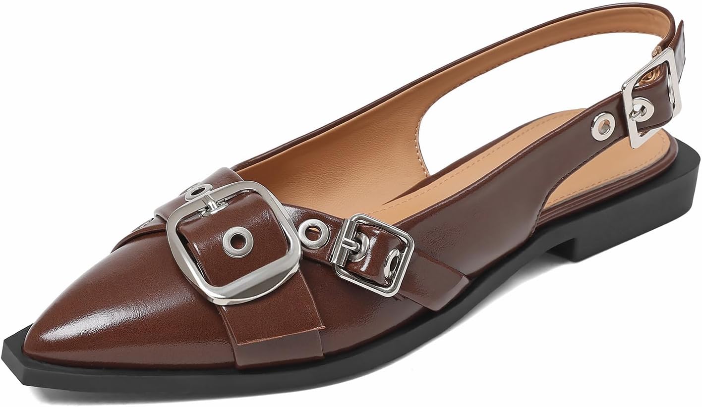 Kalstage Women's Slingback Flats Closed Pointed Toe Low Heel Dress Flat Shoes Buckle Patent Leather Ballet Flats for Women Comfortable Work