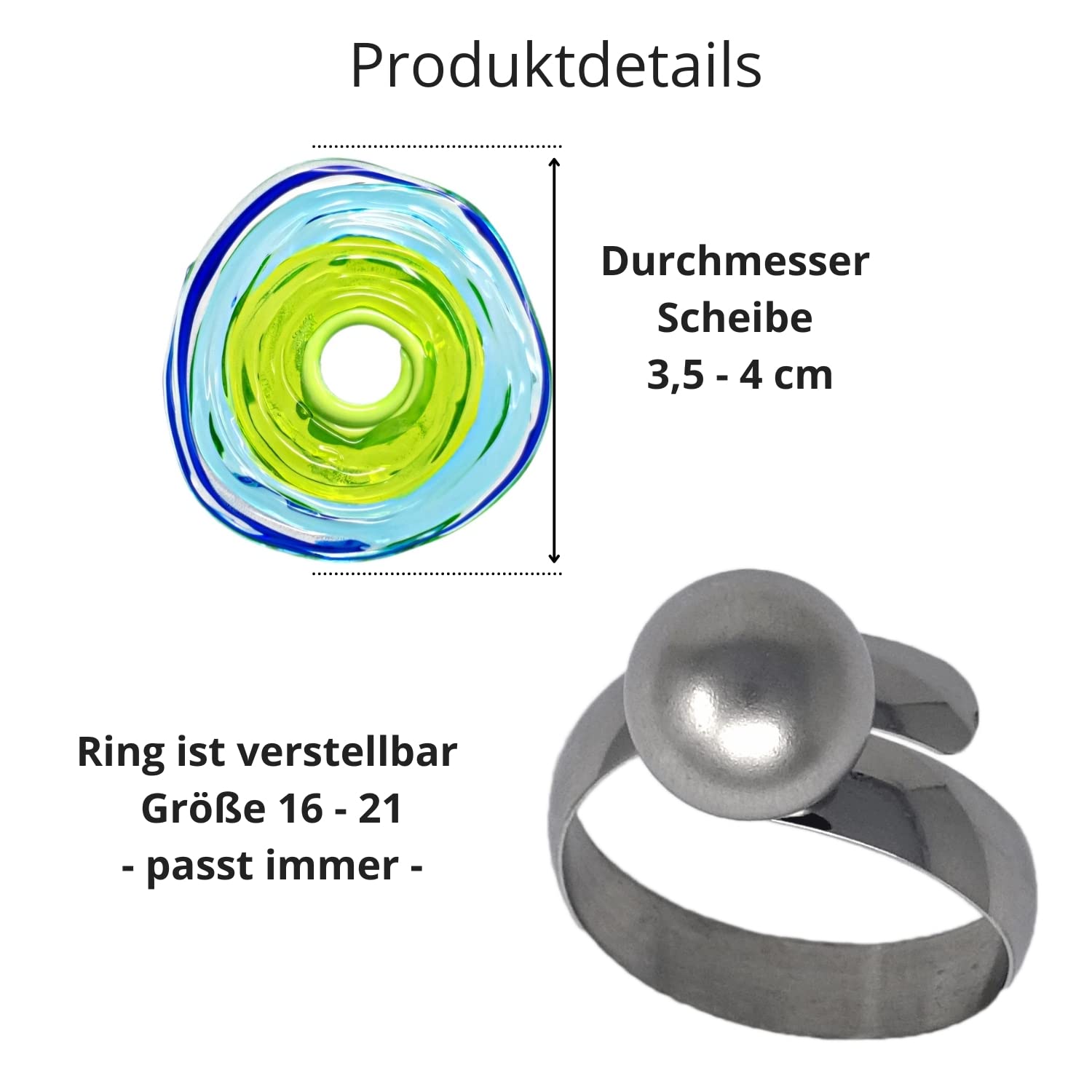 Edelstahl-Ring mit Scheibe aus Murano-Glas in blau grün/PASST IMMER/verstellbar (16-21) / Wechsel-Ring/Personalisiertes Geschenk für sie zu Valentinstag Jahrestag Hochzeit Geburtstag Mama