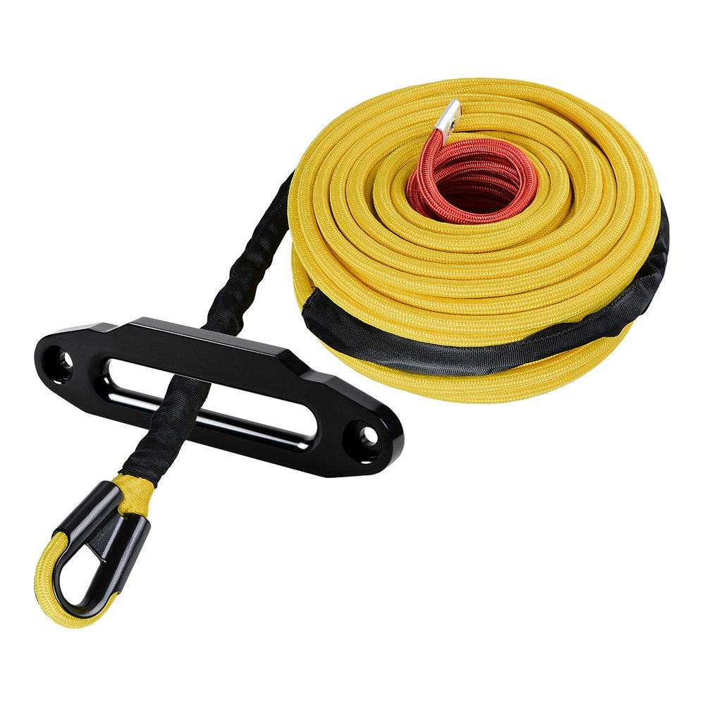 AMOPACORP Yellow 95 feet 3/8 inch Synthetic Winch Rope with All Rock Guard Sheath and Black 10 inch Standard Hawse Fairlead for SUV Pick Up Truck Off-Road