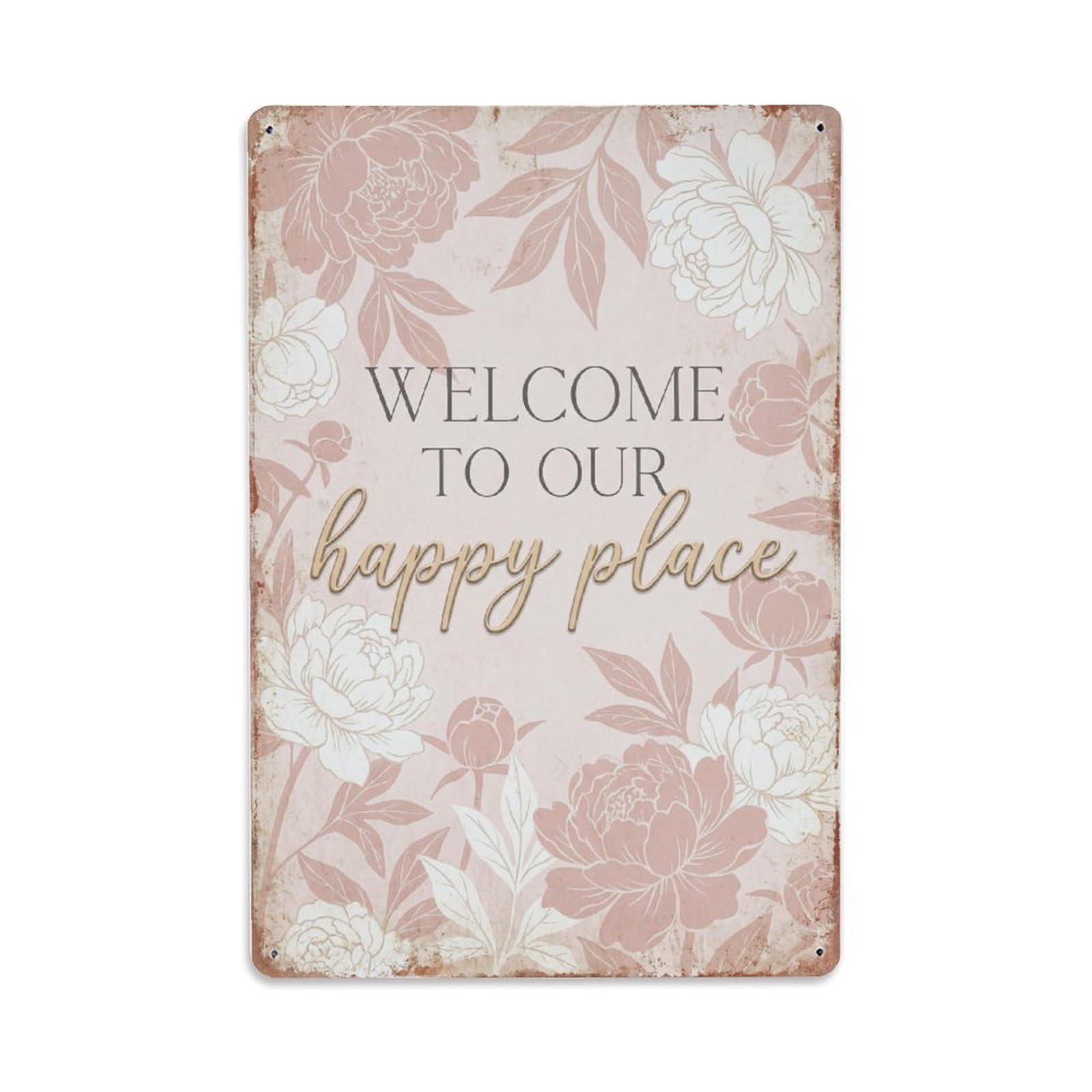 Welcome To Our Happy Place Peony Garden Metal Tin Sign Plaque Wall Decor for Cafe, Club Bar, Office, Home Garden Metal Poster 8x12Inch