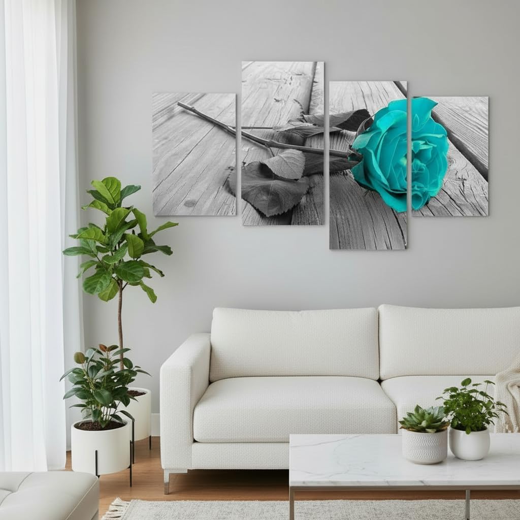 JiazuGo Large Teal Rose Canvas Wall Art - Modern Turquoise Floral Print with Black White Background, Minimalist Botanical Painting for Living Room, Bathroom Decor, Housewarming Gift for Her