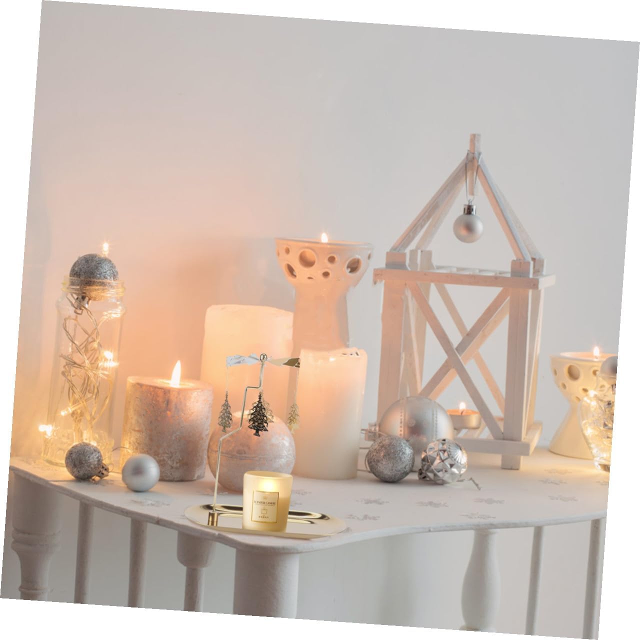 INOOMP Rotating Christmas Tree Candle Holder with Golden Metal Tray, Small Holiday Table Centerpiece Lantern Candle Stand for Seasonal Home Décor