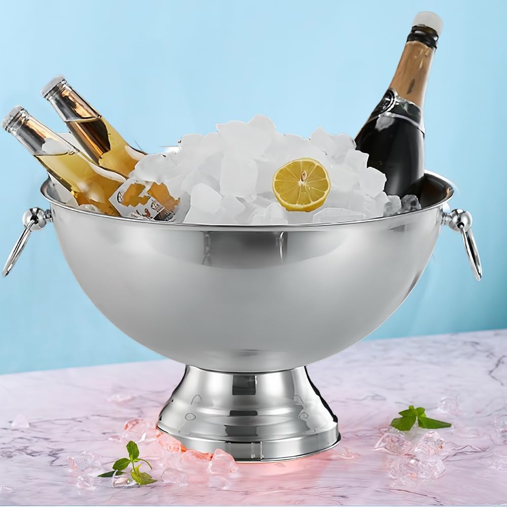 Grande secchiello per champagne in acciaio inox, 40,1 cm, per vino, birra, bevande, ciotola per punch con doppia maniglia per feste, bar, barbecue, ristorante, eventi all'aperto (argento)