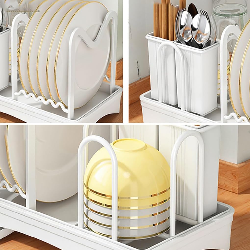 Estante compacto para secar platos con tabla de drenaje para encimera de cocina, cesta extraíble para cubiertos, estante escurridor de platos con drenaje automático para White