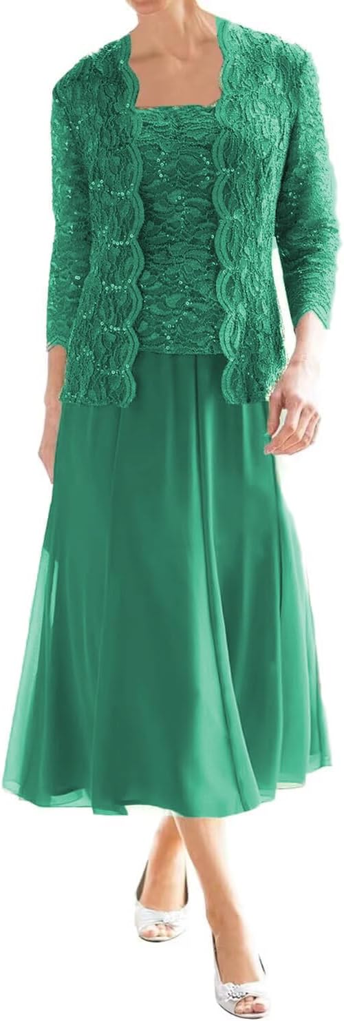 2 Piece Mother of the Bride Dresses for Wedding Tea Length Sequin Chiffon Grandmother of the Bride Dresses with Jackets