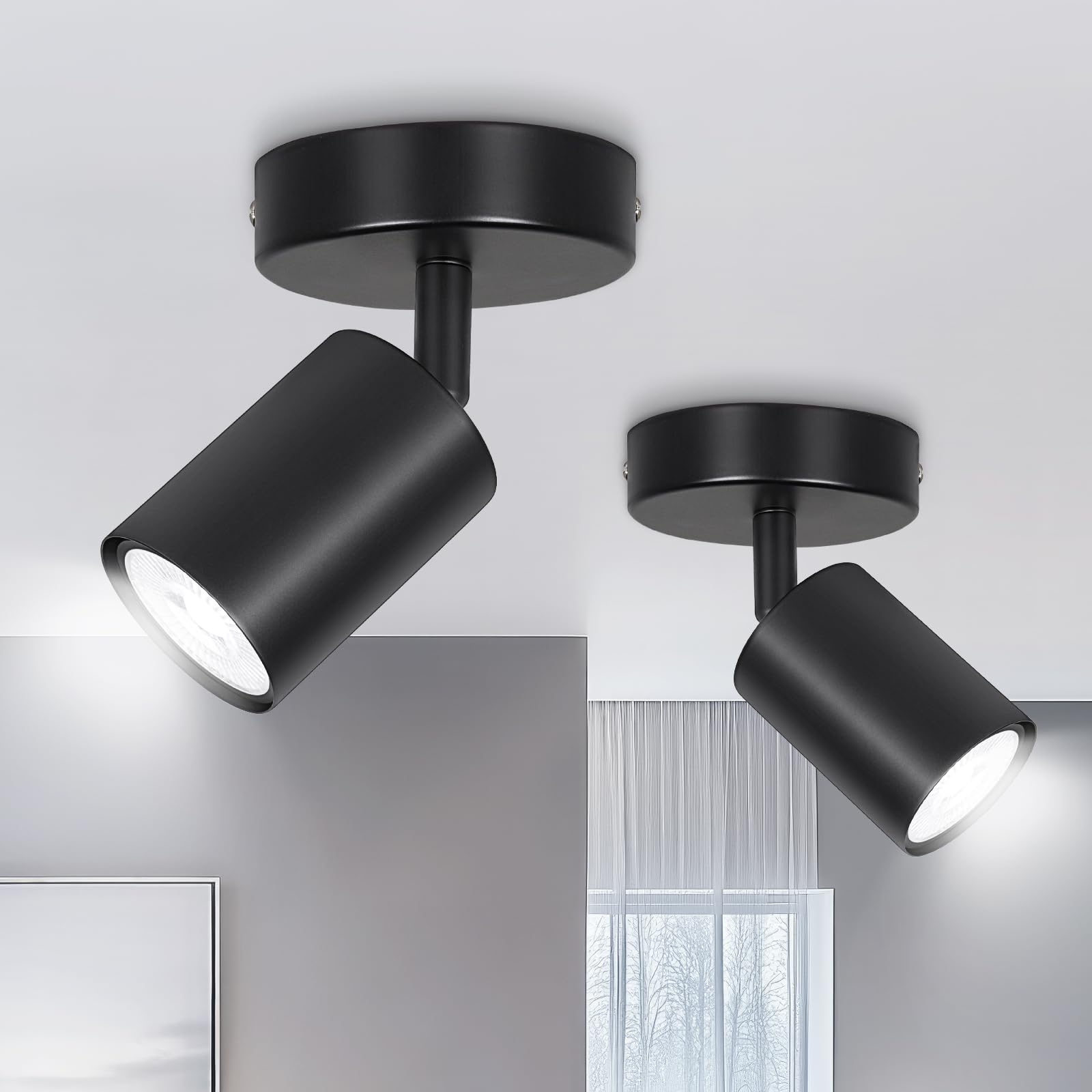 Ceiling Lamp Black Ceiling Spotlights, 2 x GU10 Ceiling Lamp with 1 Round Bulbs, Adjustable and Rotatable Ceiling Spotlights, LED Ceiling Spotlights for Living Room, Kitchen, Without Bulb