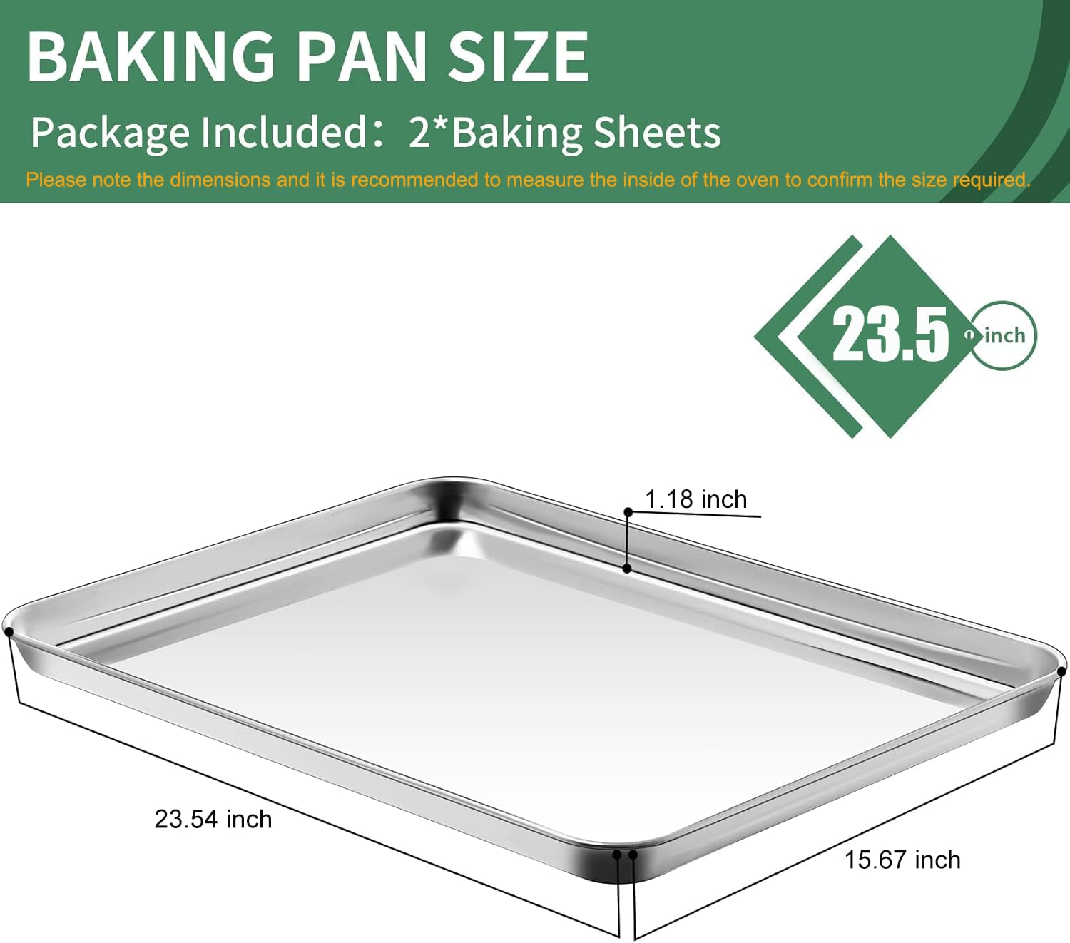 HKJ Chef - Juego de 2 bandejas para hornear, 2 bandejas de acero inoxidable para hornear y tostadora, tamaño rectangular 23.54 pulgadas de largo x 15.67 pulgadas de ancho x 1.18 pulgadas de alto, no