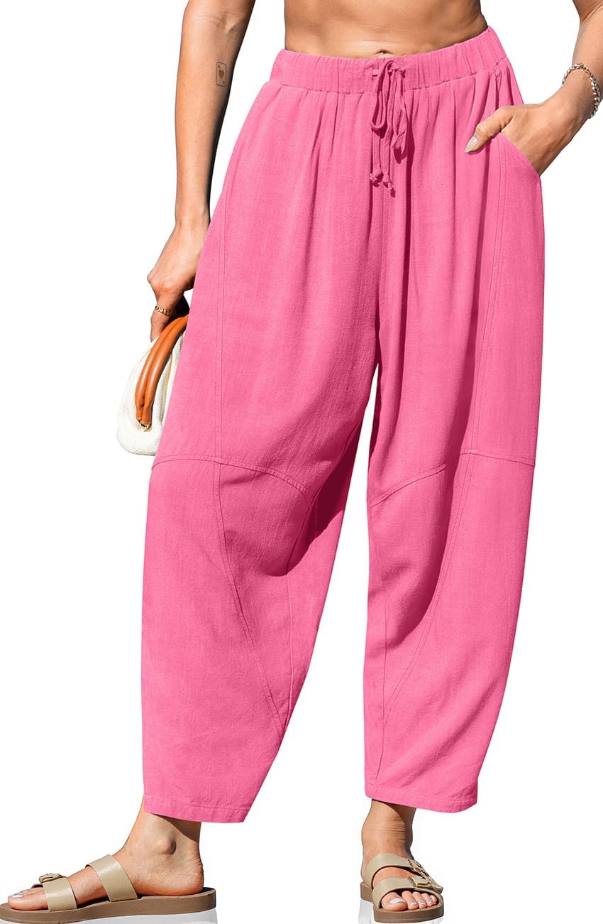 TARSE Women's Linen Harem Pants Casual Loose Fit Wide Leg Cropped Lightweight Drawstring Elastic Waist Pants with Pockets