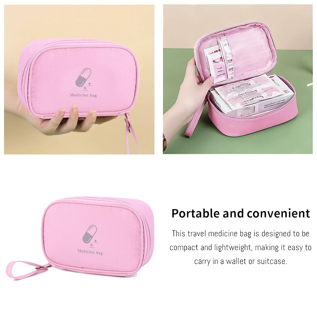 JEYORZY Kit di Pronto Soccorso Portatile, Borsa per Medicinali Vuota, Mini per Viaggio, Rosa