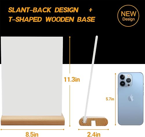 Miniatura 10 de Paquete de 3 soportes acrílicos con forma de LT, marcos acrílicos transparentes con base de madera, soporte de exhibición de menú para oficina,