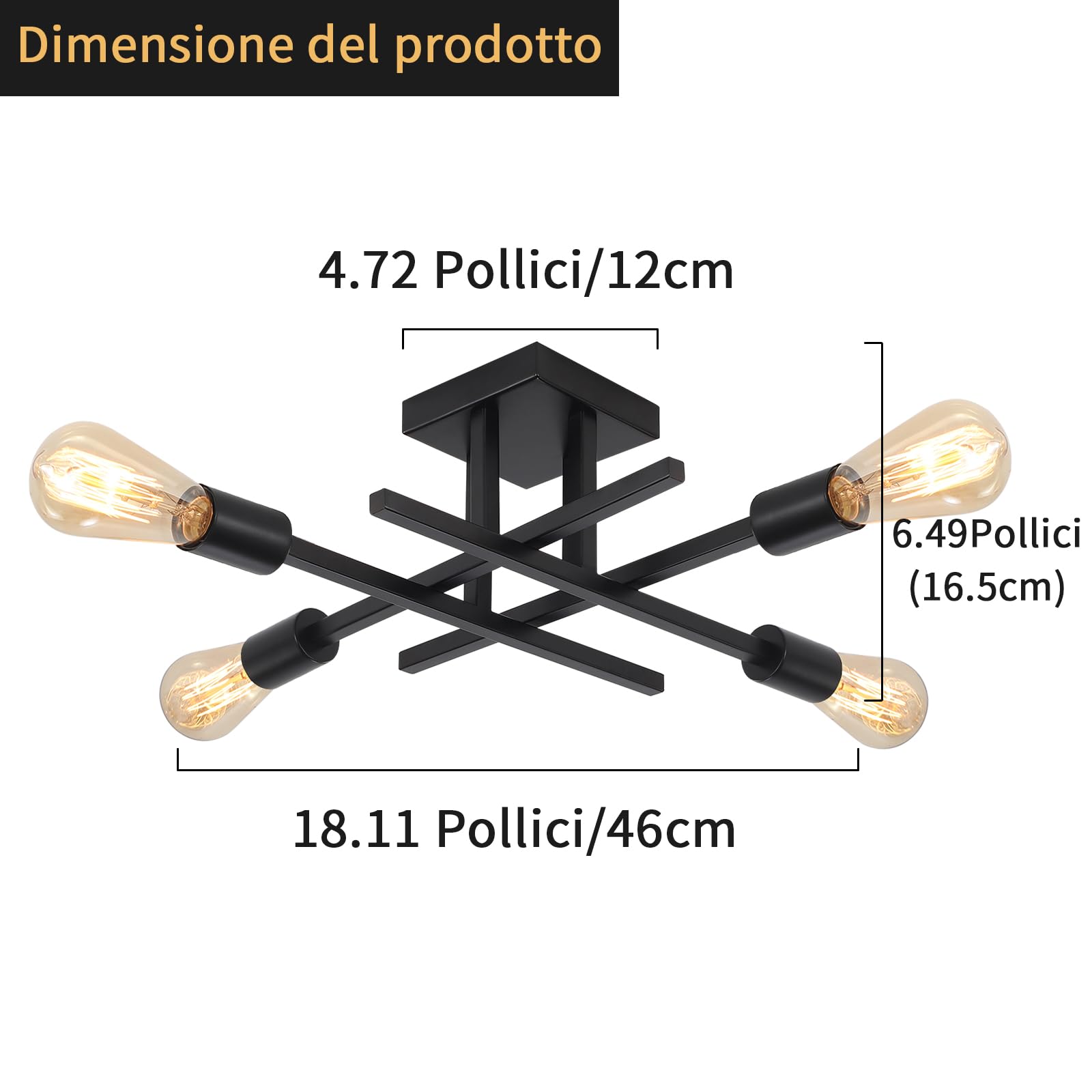 Sputnik Plafoniere da Soffitto Lampadario Industrial Lampada Soffitto E27 | Lampadari Moderni 4 Luci per Soggiorno Camera da Letto Cucina Ccorridoio Sala da Pranzo, Nero