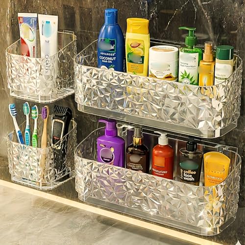 Image of Luxura Self Adhesive Bathroom Shelf Set of 4 | Clear Acrylic Bathroom Organizer | Wall Mounted Bathroom Rack | Waterproof & Rustproof Storage Shelf for Bathroom & Kitchen