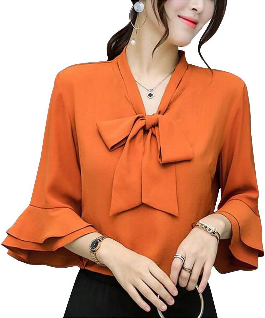 DPO Women's Chiffon V Neck Bow Tie Neck Blouse Flared Ruffle 3/4 Sleeve  Tops Orange 0 at Amazon Women's Clothing store