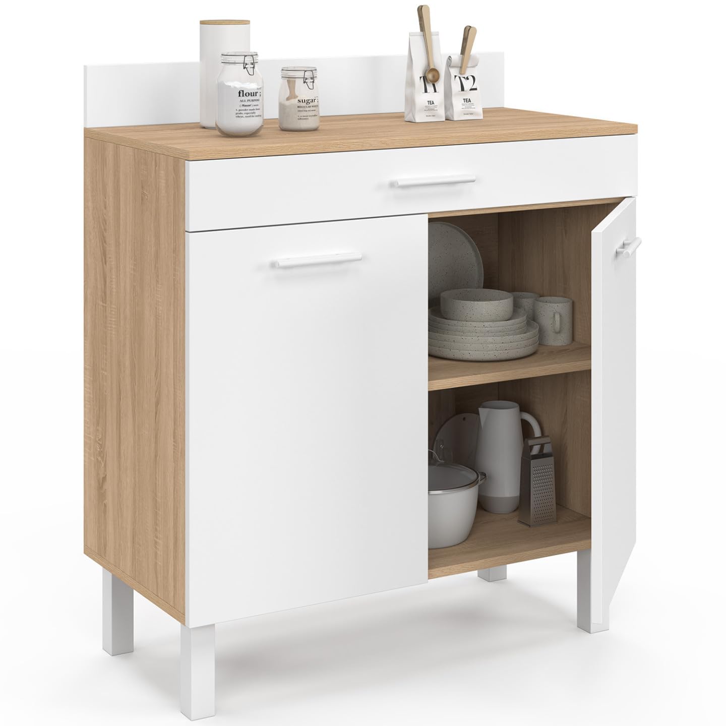 IDMarket - Buffet Bas de Cuisine 80 cm CINA Plan de Travail H.83 cm 2 Portes + tiroir façon hêtre et Blanc