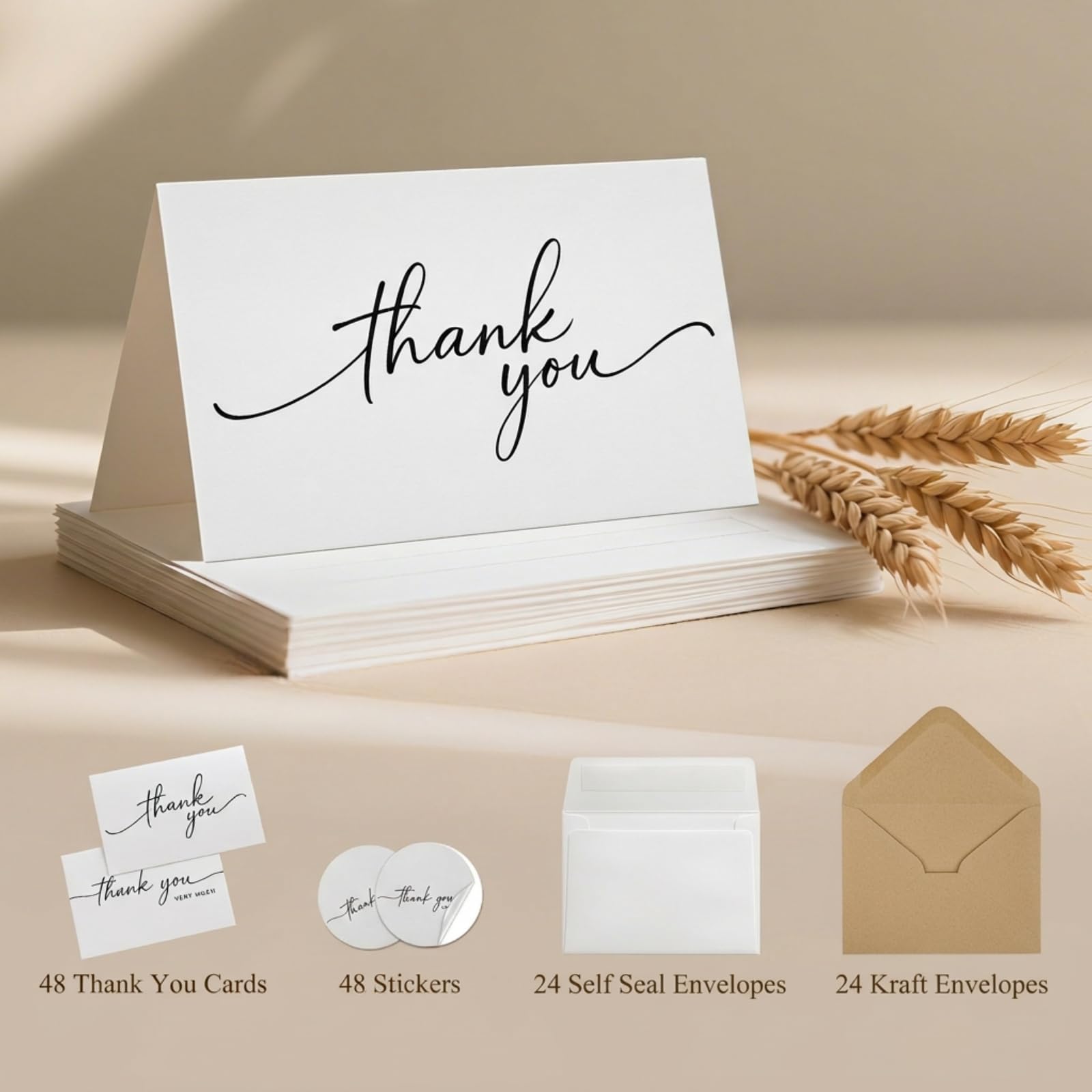 Paquete de 48 tarjetas de agradecimiento con sobres autoadhesivos y papel kraft y calcomanías a juego, diseño minimalista de 5 x 3.5 pulgadas, adecuadas para bodas, negocios, baby showers