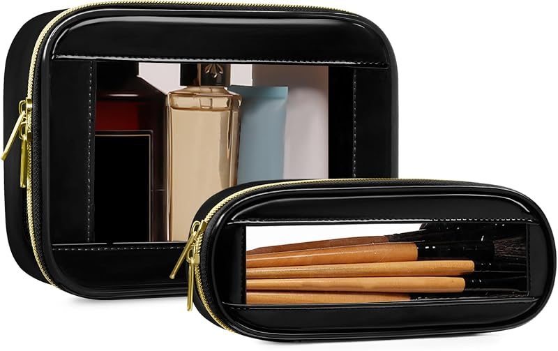 Conjunto com 2 necessaires transparentes de maquiagem JRQCSJY com zíper, material sintético, Preto-2