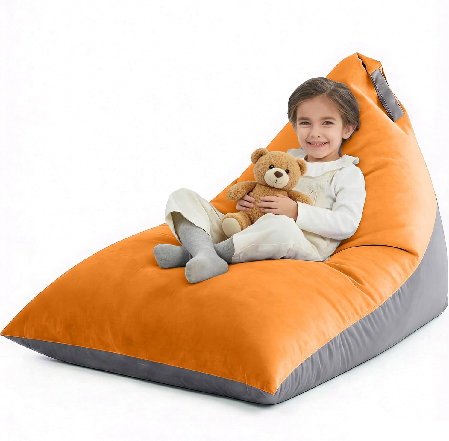 Nobildonna 4ft Bean Bag Chair for Kids, 400L Extra Large Stuffed Animal Storage Bean Bag, Premium Velvet Washable Beanbag Chair Cover (No Filler) Ultra Soft Triangular Lazy Sofa (Orang Grey)
