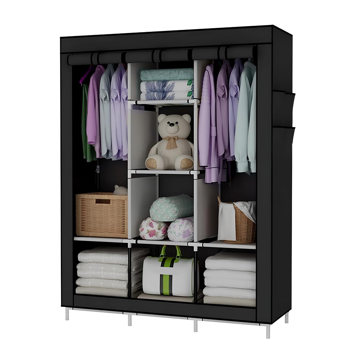Raganet, Closet Plegable de 4 Niveles Color Negro, Zapatero Organizador de Ropa Minimalista, Telas y Barras Resistentes y Duraderas, Organizacion de Ropa, Calzado y Accesorios, Armable y Desmontable