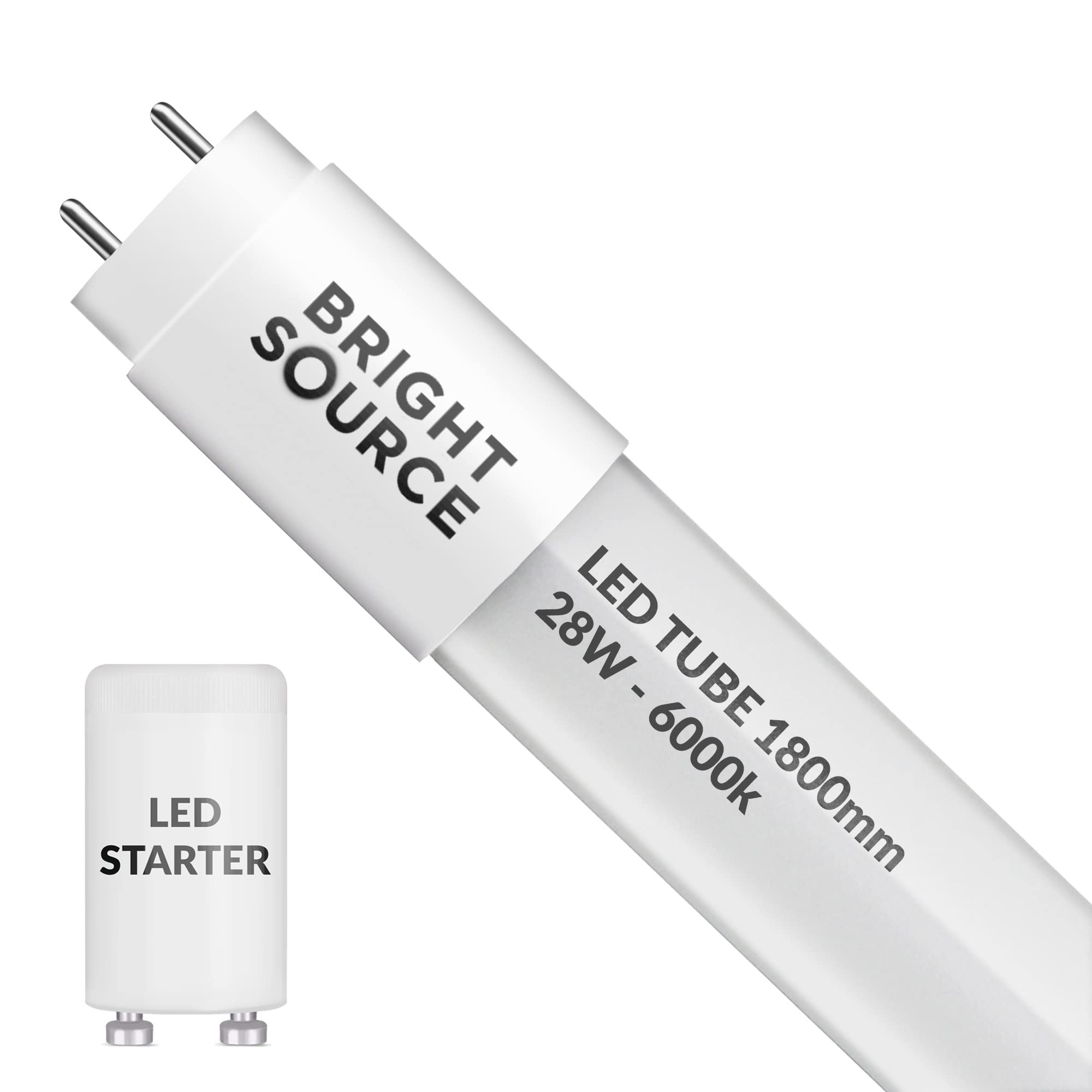 Bright Source 6ft (1763mm) 28w LED T8 Tube, 2800lm, 6000K Daylight White, Replacement for 70w T8 Fluorescent, Starter Included - Direct Mains or for use with Switch Start Fitting with Magnetic Ballast