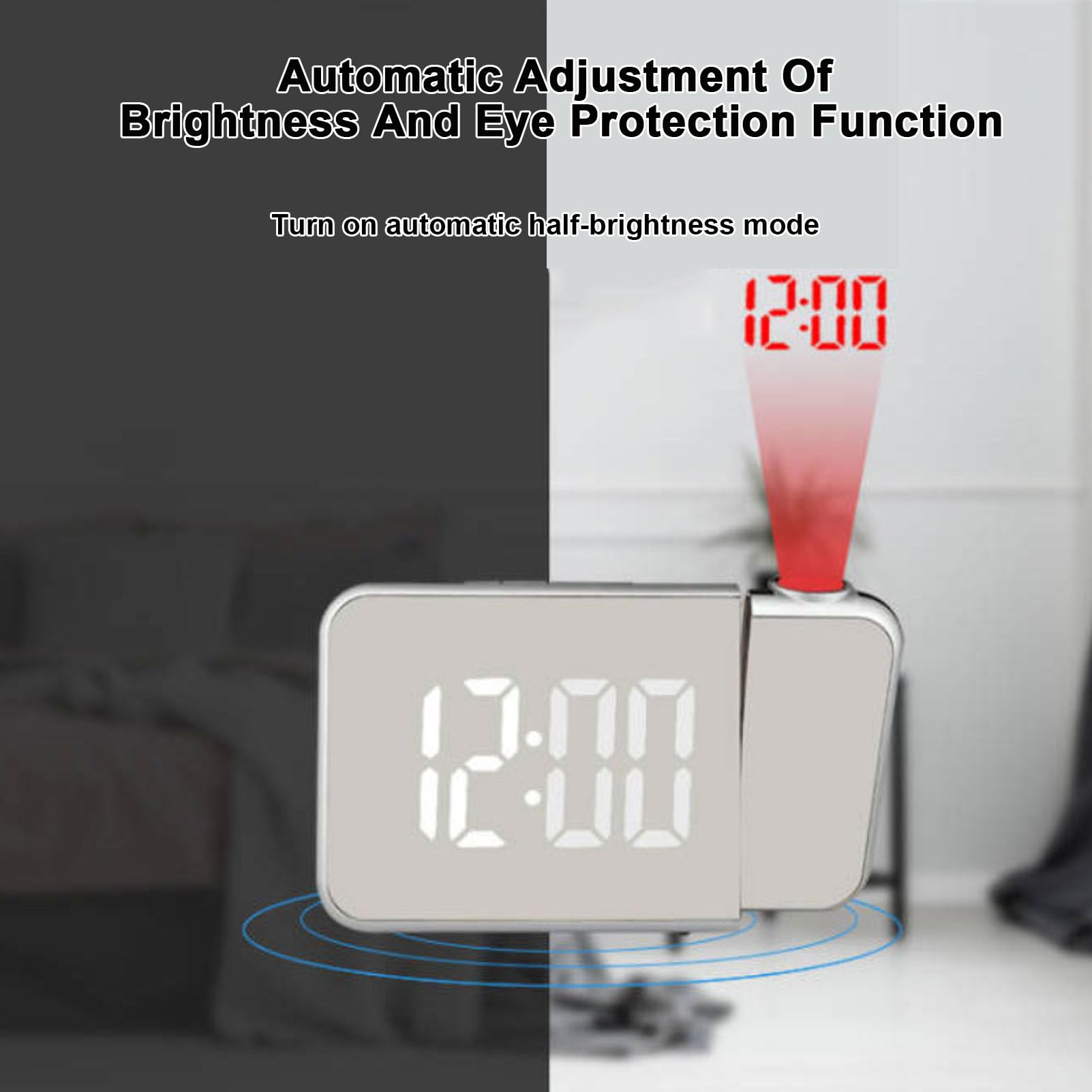 Reloj despertador digital de proyección con pantalla LED, temperatura, repetición, fecha, hora, brillo ajustable de 180°, reloj dual para dormitorio