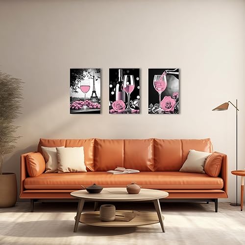 Miniatura 2 de QIXIANG Lienzo de cocina, 3 piezas románticas de vino rosa, uva, rosa, flores, torres Eiffel, impresiones para decoración de restaurantes y bares,
