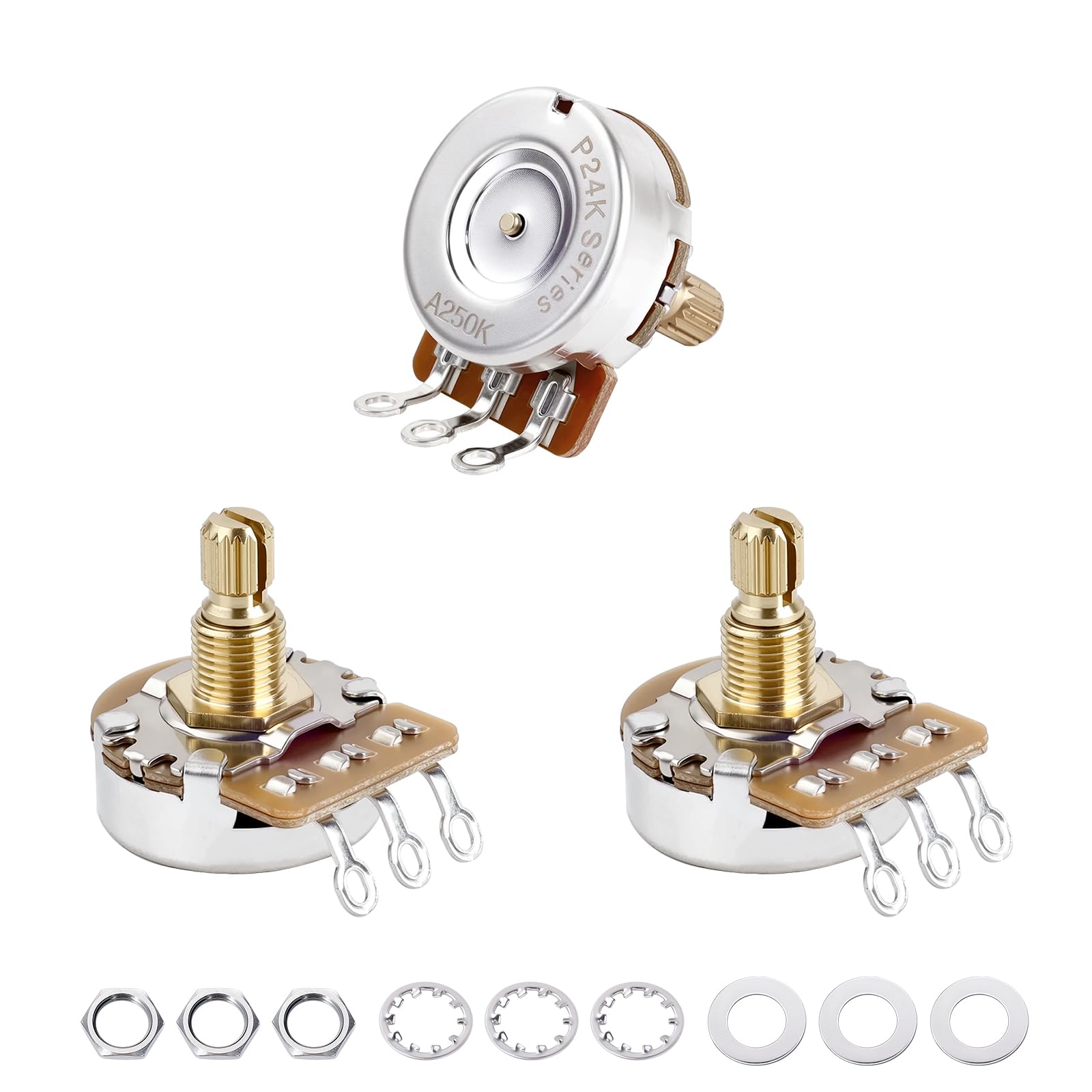 Banworks Brass A250K+B250K (1A2B) M8 Thread Full Sized Guitar Pot 18-Spline | 15mm Length Split Shaft Audio &amp; Linear Taper Potentiometers Metric for Epiphone Les Paul LP/SG Squier Strat/Tele JT/XNQ-15