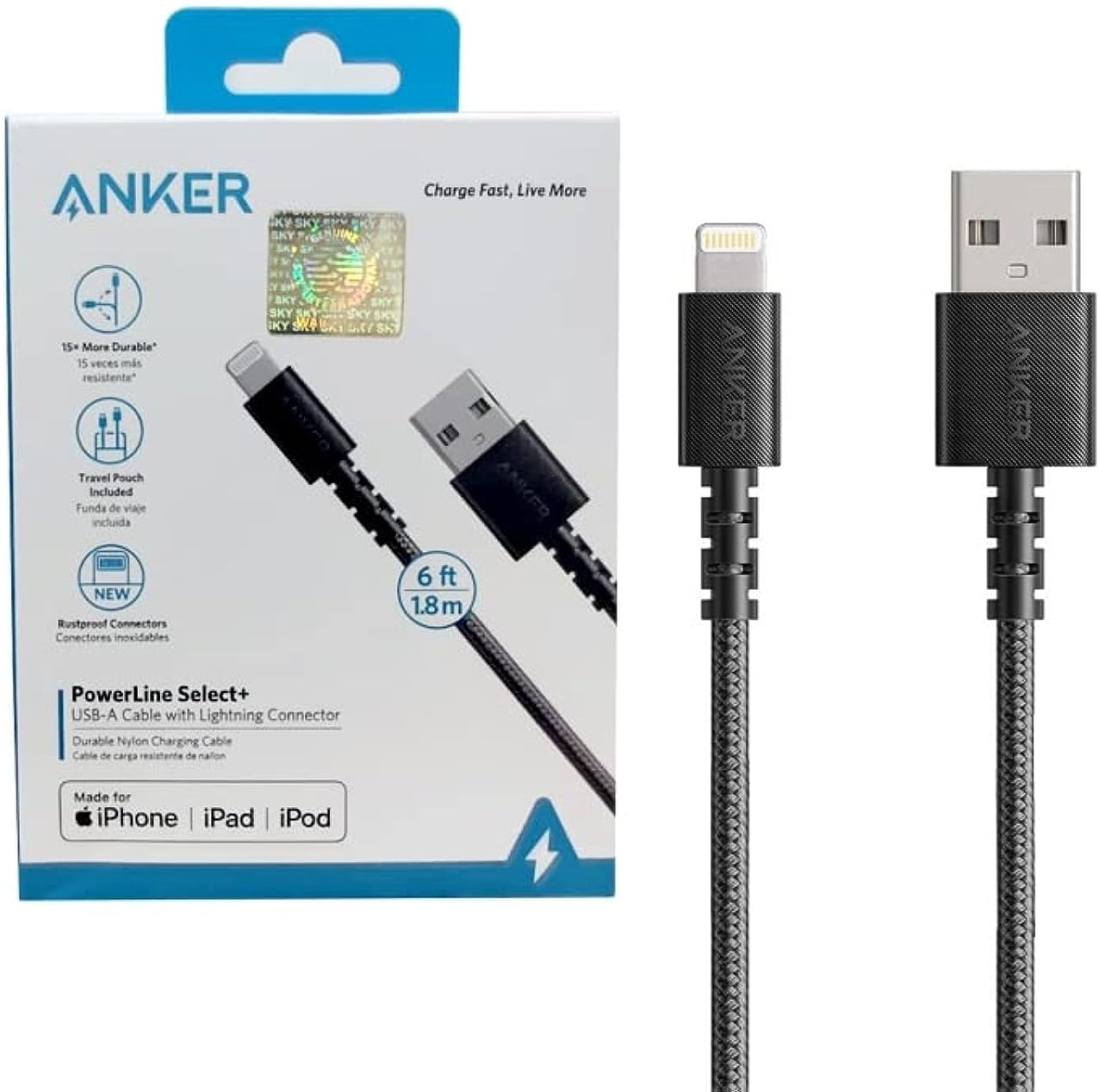 AnkerPowerline II Lightning Cable 6ft MFi Certified USB Charging Sync Cable Compatible with iPhone SE 11, 11 Pro, 11 Pro, 11 Pro, 11 Pro, Max, Xs, Max, XR X, 8, 7, 6s, 6, 5, iPad and More