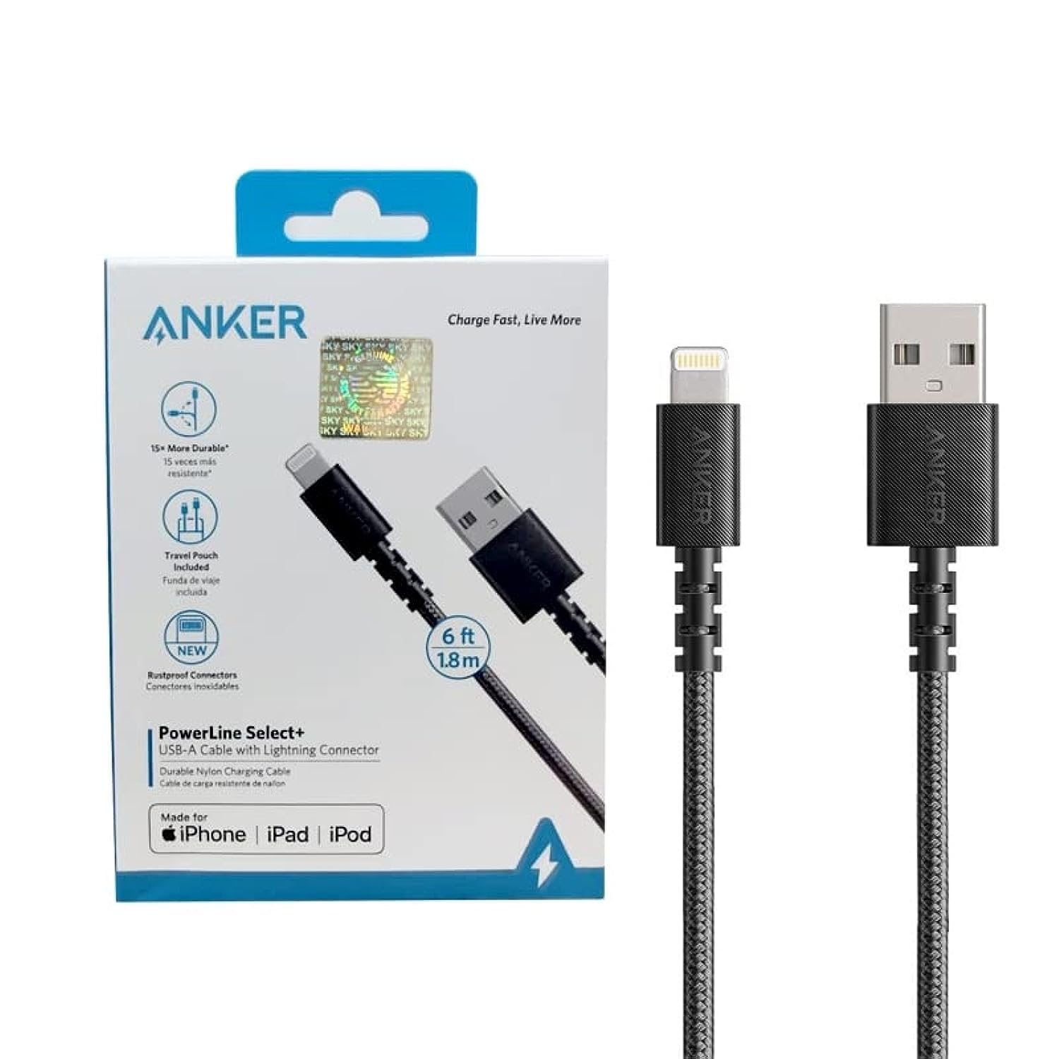 AnkerPowerLine Select+ USB Cable with Lightning connector 6ft- A8013H12-Black