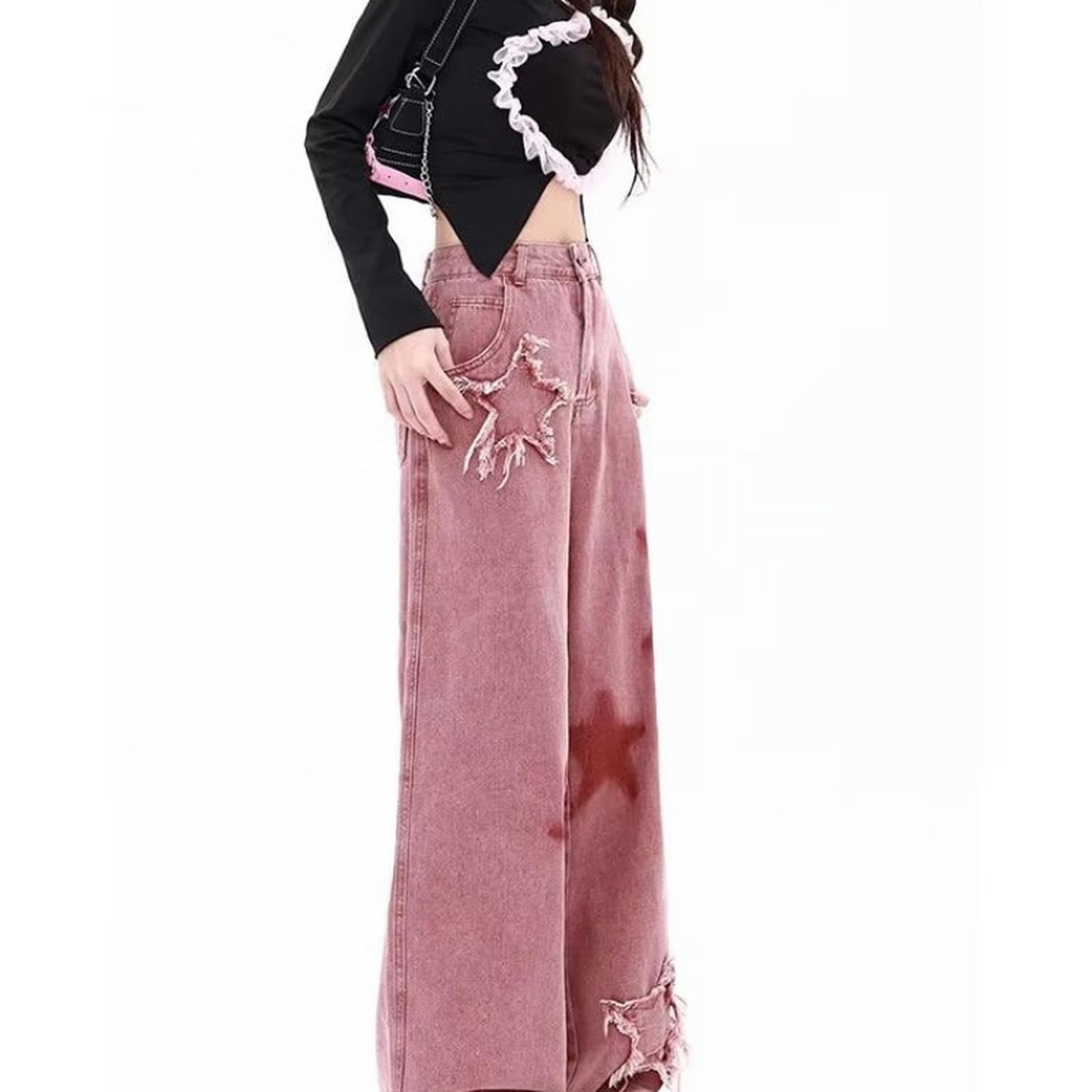 Jeans Ricamati con Stella retrò da Donna, da Indossare Presto con Pantaloni Larghi a Vita Alta