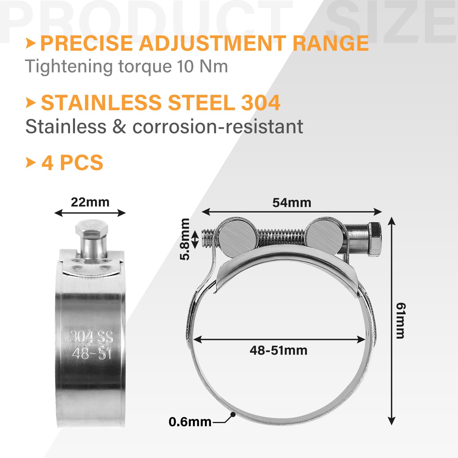 Lot 2 Colliers Serrage Boulon Articulé Inox 48-51 Mm – Collier Échappement Moto Voiture Robuste, Acier 304, Vis M6×60, Anti-Corrosion