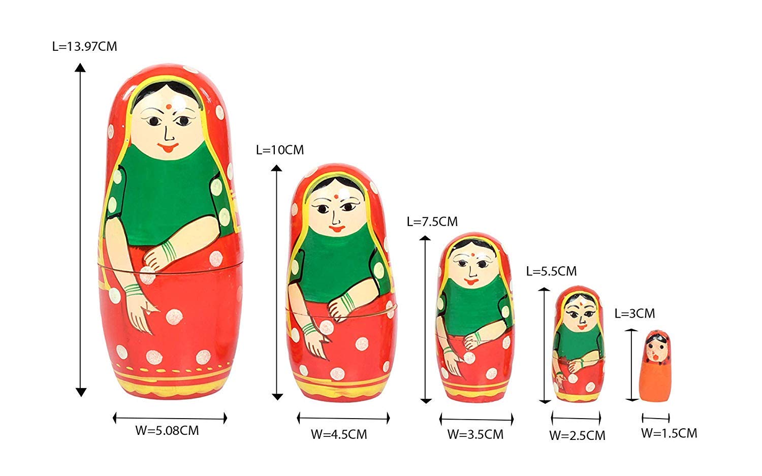 Funwood Games Hand Painted Indian Traditional Wooden Nesting Dolls - Set of 5 Matryoshka Stacking Dolls, Lady in Red Saree Design - Perfect for Kids' Gifts and Decor 1