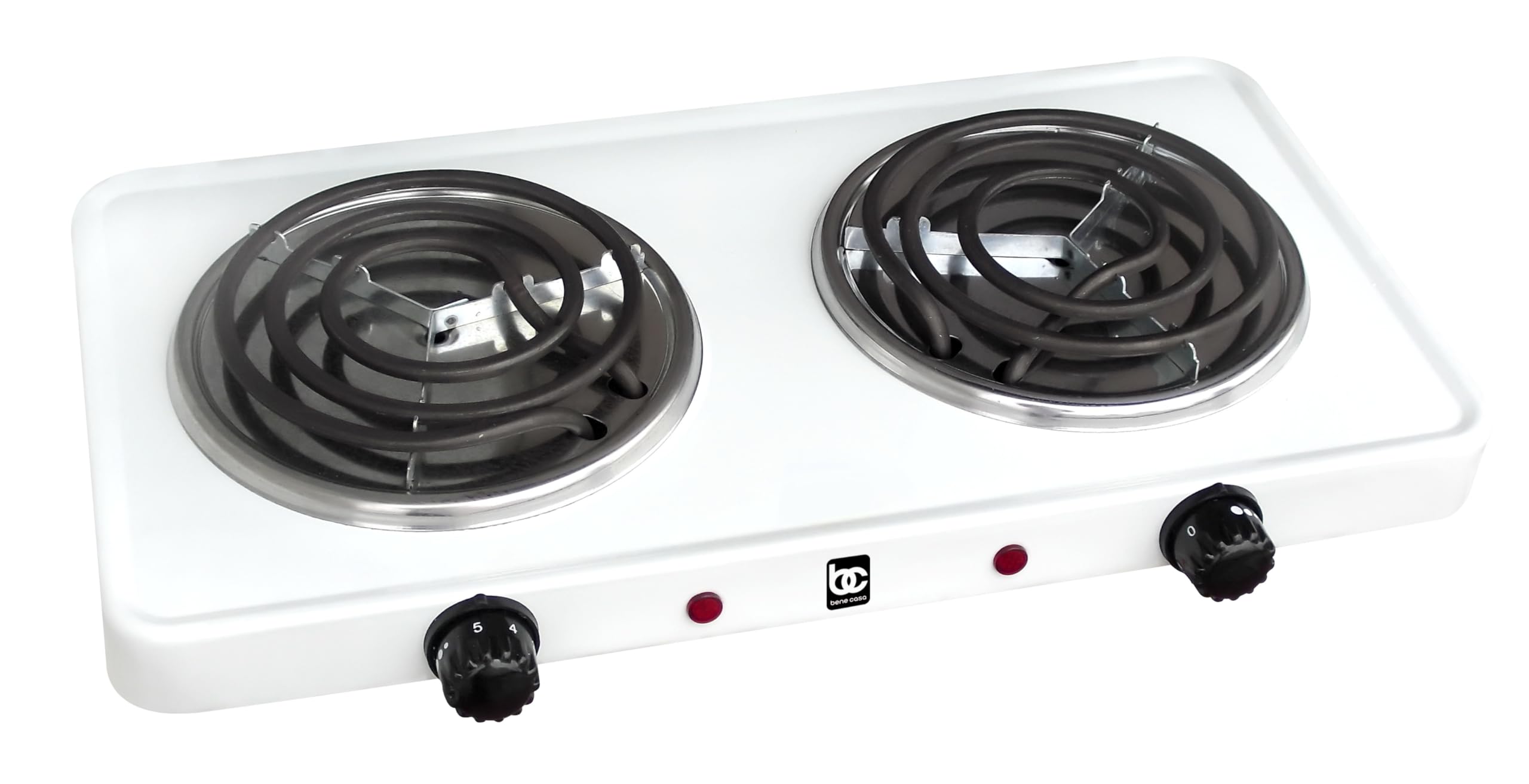 Bene Casa Double Electric Burner in White, Double Burner coils, Portable Double Electric Burner, Dual Controls, Stainless Steel Drip Tray.