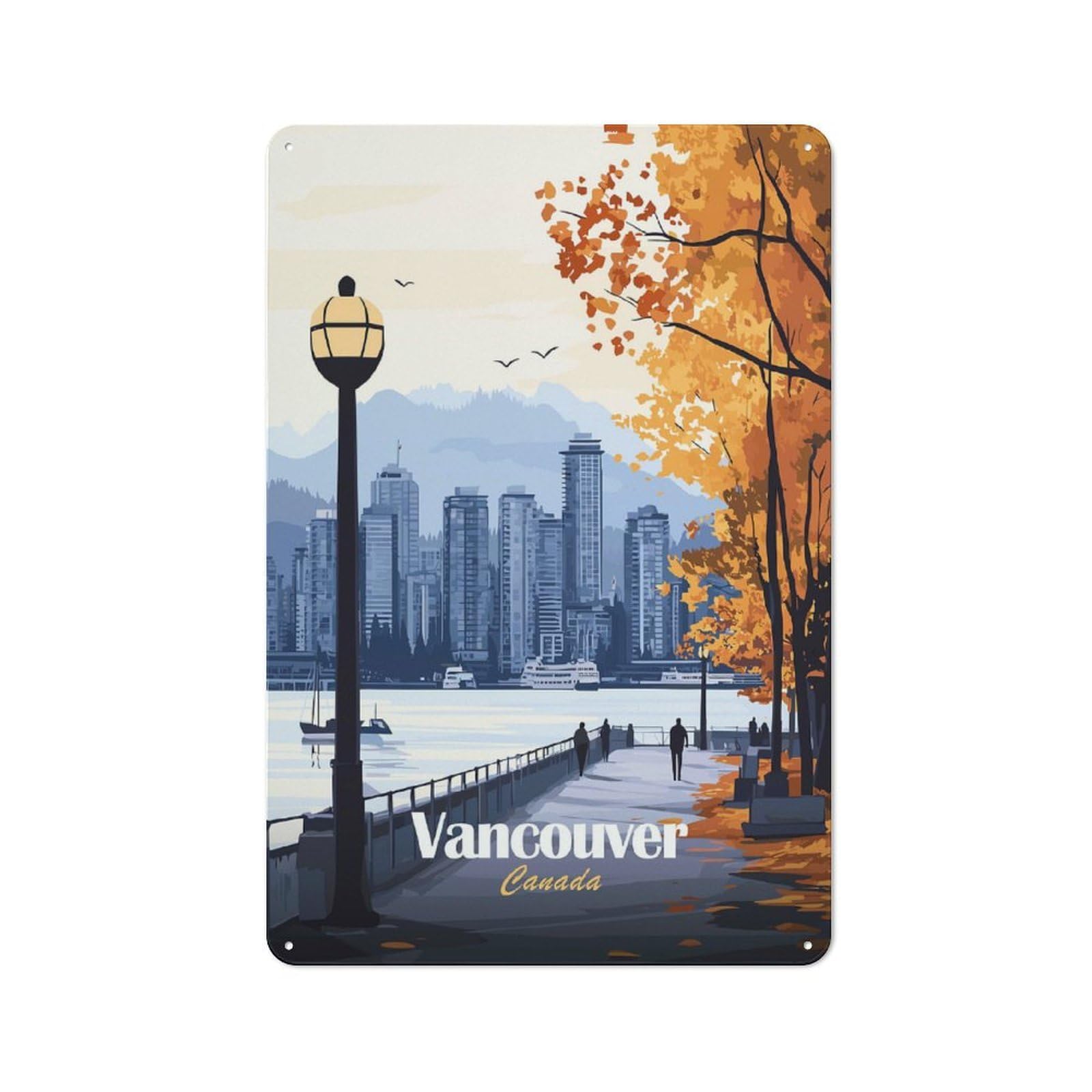 Junmoney Style-23 Workshop Style Vancouver Cityscape Decorative Metal Plaque 30X20cm, Shed Wall Plaque For Tool Room, Garage, Studio Or Home Bar