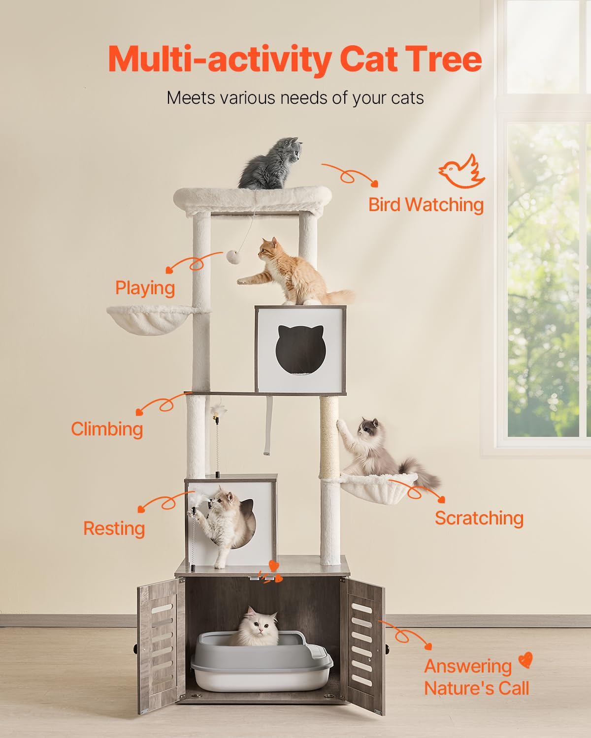 VEVOR Large Cat Tree with Litter Box Enclosure, 72.83 inches Tall, 2-in-1 Cat Tower, Multi-Level Cat Condo Furniture with Sisal Scratching Posts, Perches, Hammock, Big Kittens House for Indoor Cats