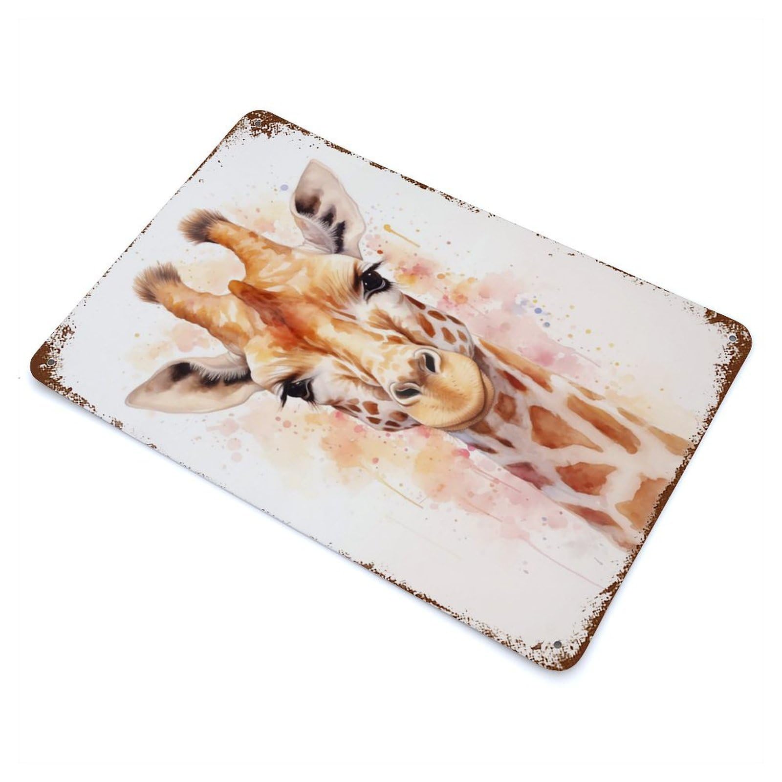 Giraffe Watercolor Aged Metal Wall Plaque 11.8"x7.9", for Living Room, Hallway And Home Decor, Shabby Chic Decor