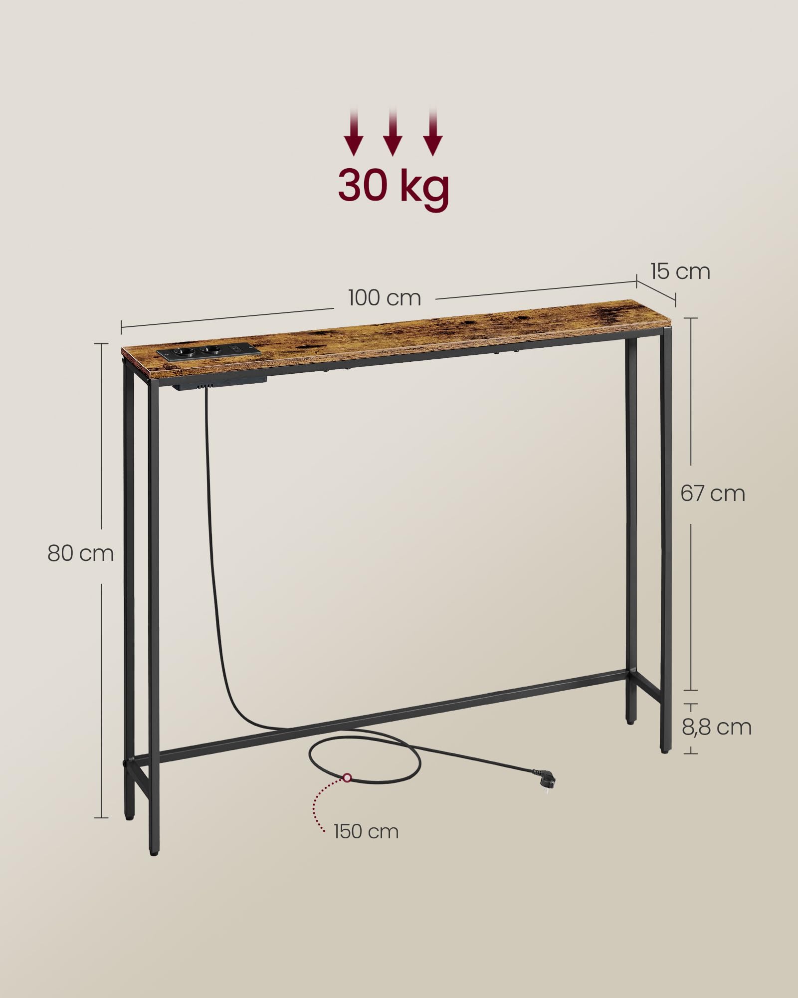 VASAGLE Konsolentisch mit Ladestation, schmaler Sofatisch, Flurtisch, 15 x 100 x 80 cm, mit Haken, einfache Montage, für Flur, Wohnzimmer, vintagebraun-tintenschwarz LNT079K02