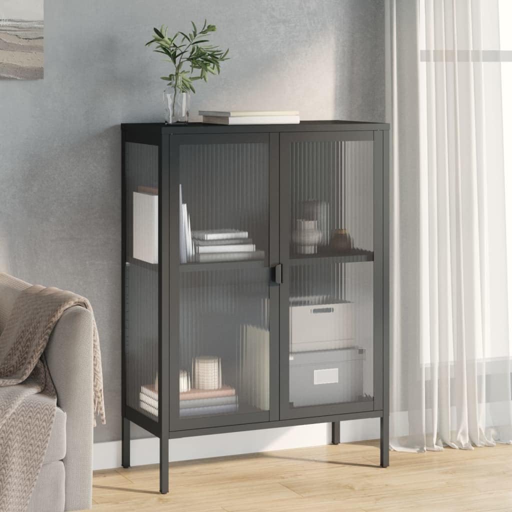 Modern Sideboard with Fluted Glass Door and Adjustable Shelves, Black Powder-Coated Steel Storage Cabinet for Living Room Bedroom Office, 4 Pieces Set, Wall-Mounted Design