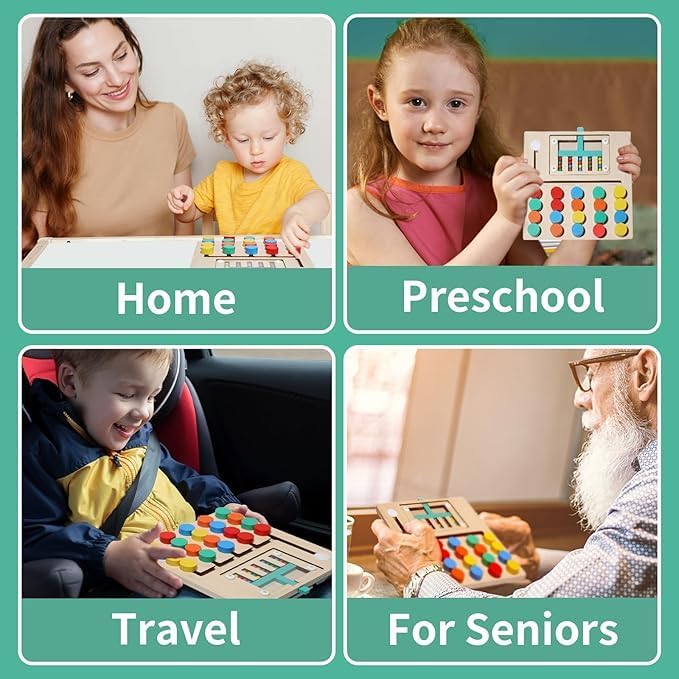 Image of Montessori Wooden Slide Puzzle for Kids 3-8 Years | 5-Color Sorter & Pattern Matching Educational Brain Teaser | Travel Activity Toy for Boys & Girls
