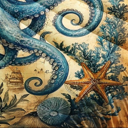 Image of AILONEN Vintage Octopus Twin Comforter Set, Nautical Compass Artwork Printed Ensemble, 3 Piece Microfiber Down Alternative Fill for Students Dorm Residents