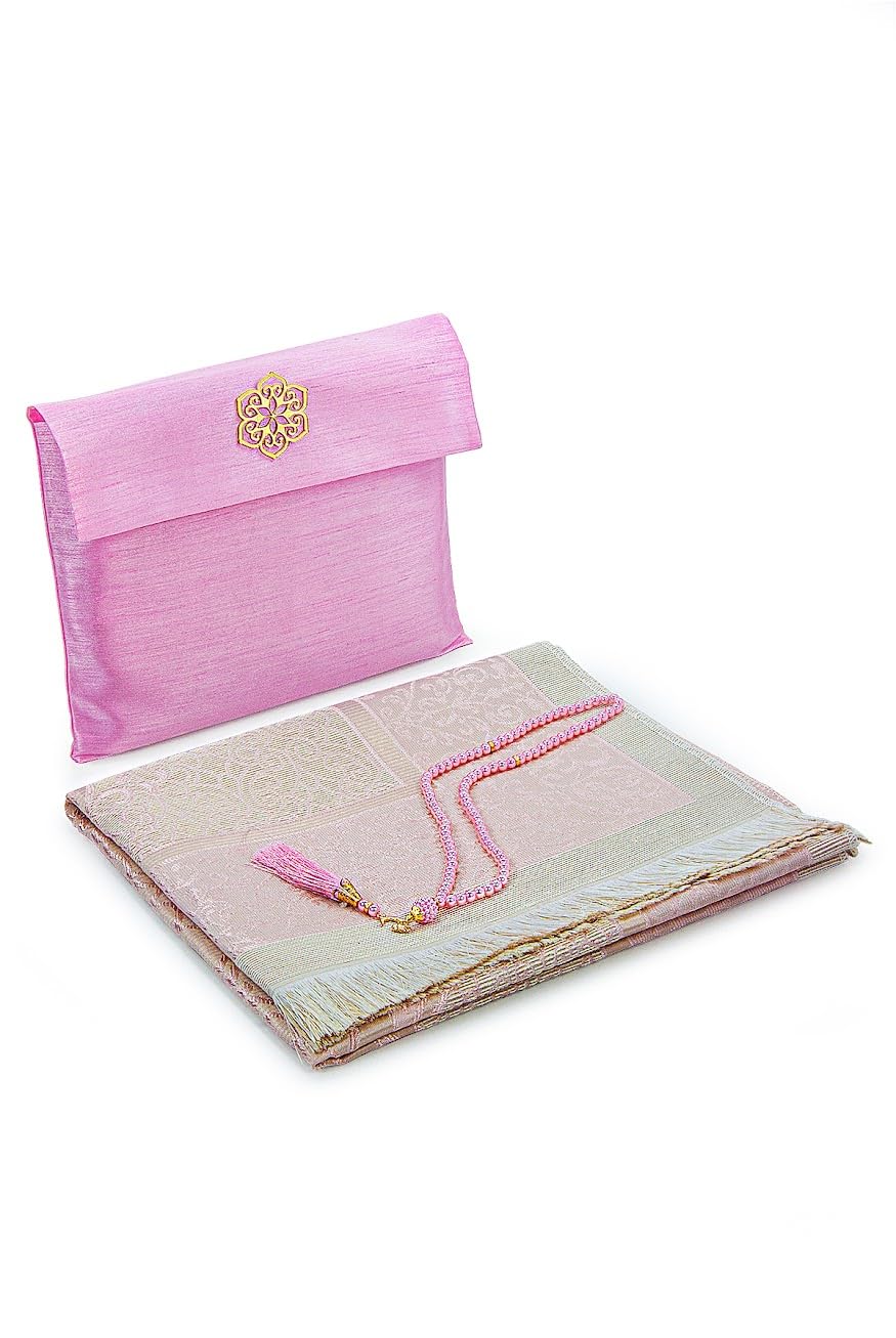 ihvan online Muslim Prayer Rug with 99 Beads Tasbih & Travel Bag, Soft Taffeta Sajadah, Lightweight & Foldable Janamaz, Portable Prayer Mat, Islamic Gift for Eid, Ramadan, Hajj & Umrah, Pink