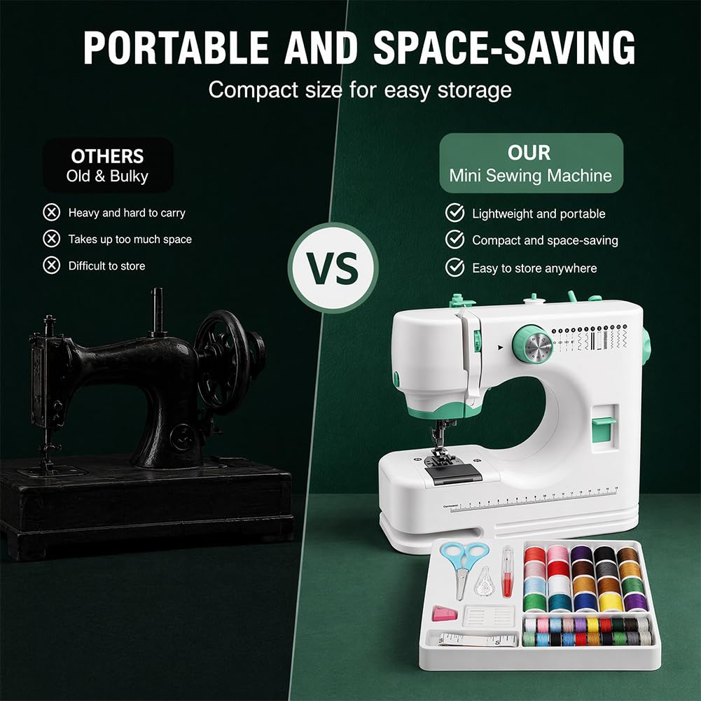 LOMUG Máquina de coser eléctrica, mini máquina de coser portátil para principiantes y uso doméstico, juego de máquina de coser con accesorios de costura, ideal para manualidades, ropa, fundas de