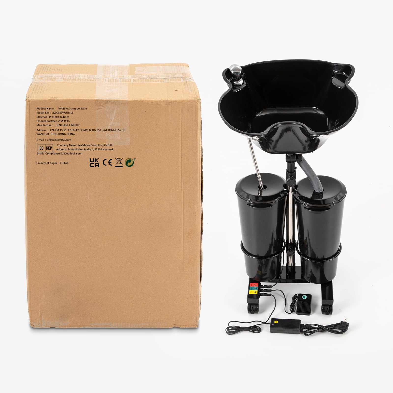 Lavabo de champú portátil, lavabo de altura ajustable, estación de lavado de pelo móvil, cubo doble de 10 l, bomba eléctrica, lavabo de 48 cm, para peluquería, cama de enfermería, embarazada, color