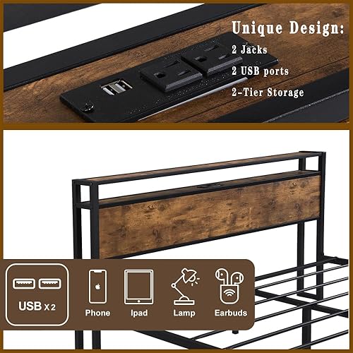 Miniatura 3 de Base de cama industrial tamaño matrimonial, marco de cama de plataforma con tomas de corriente y 2 puertos USB y con cabecera de almacenamiento de 2