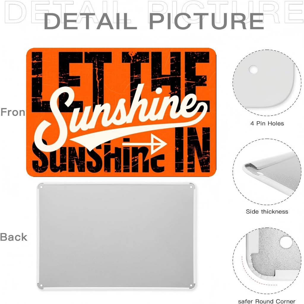 2D Vintage "Let The Sunshine In" Metal Sign - 8x12 Inch Wall Hanging Decorative Plaque for Home, Cafe, Farmhouse, Rustic Iron Art, No Battery Required