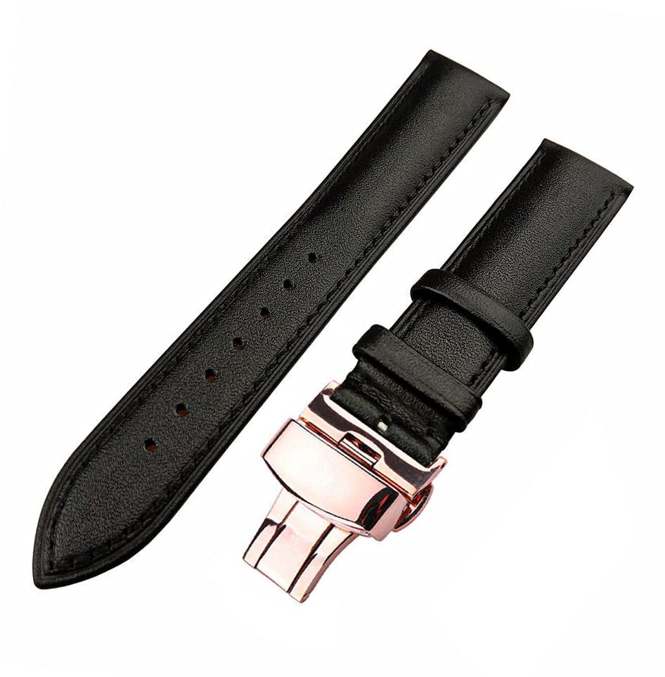 Image of 18mm 19mm 20mm 21mm 22mm 23mm 24mm Genuine Leather Butterfly Deployment Clasp Buckle Watch Band Strap Black Dark Brown TAN Blue Rose Black Gold White