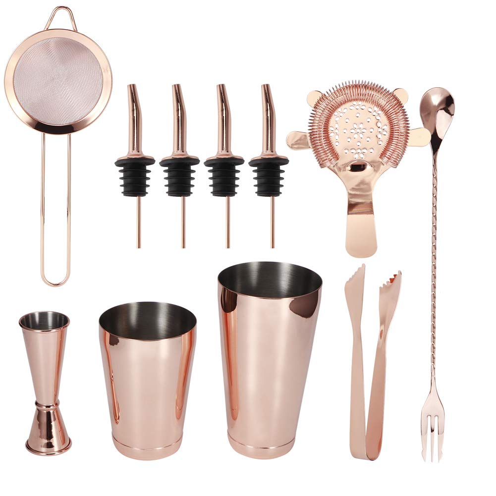 Juego de coctelera Profesional de Acero Inoxidable de 11 Piezas Kit de Herramientas de Barman con colador Jigger Cuchara mezcladora para Bares caseros y coctelería profesion (Juego de 11