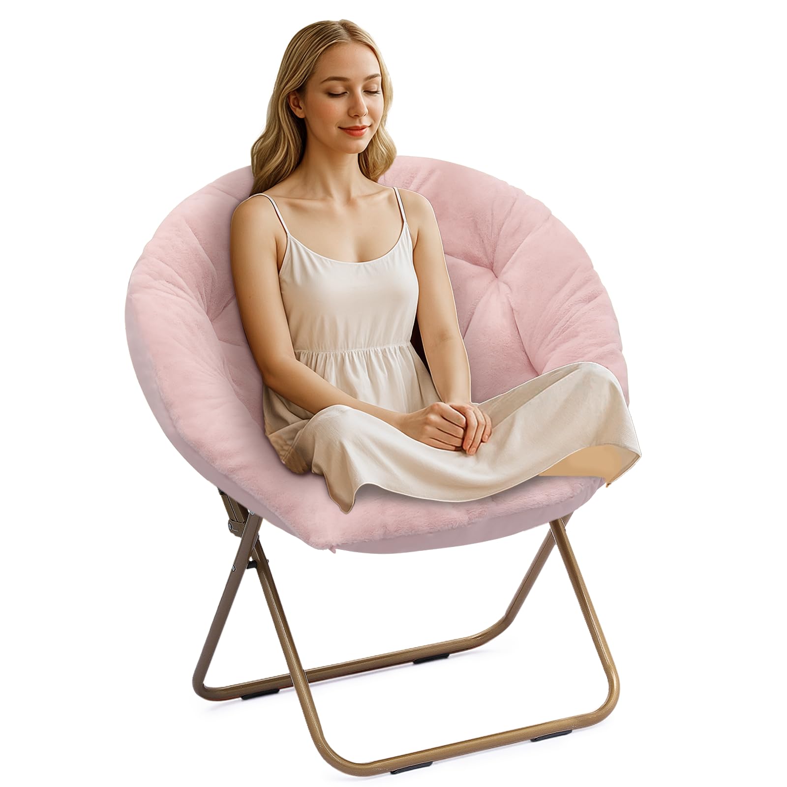 Athena Collection Comfy Saucer Chair Folding Cozy Chair for Bed Room Living Room Accent Chair Faux Fur Reading Chair Foldable Metal Frame Lazy Chair
